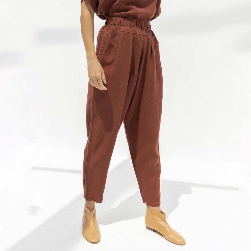 Black Crane | Carpenter Pant Rust Orange 100% Linen Pleated Elastic Waist Size L